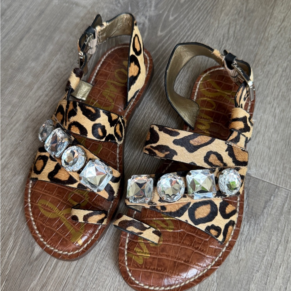 Sam Edelman Girls Leopard Print Gem-Embellished Sandals – Size US 6M